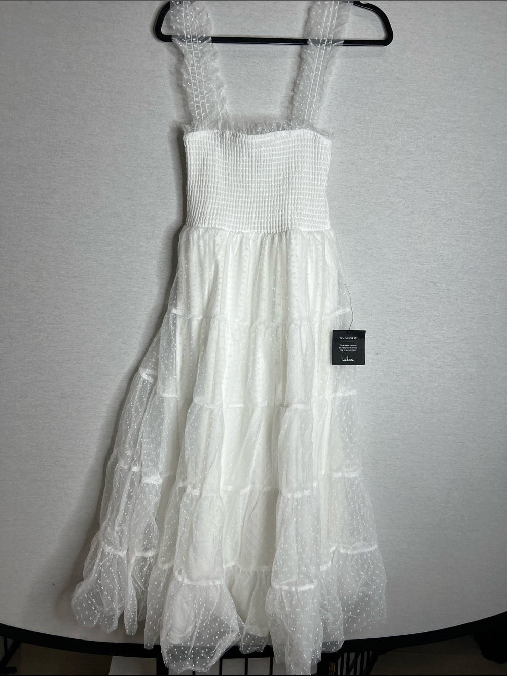 lulu’s Darling Dancer White Swiss Dot Ruffled Tiered Midi dress